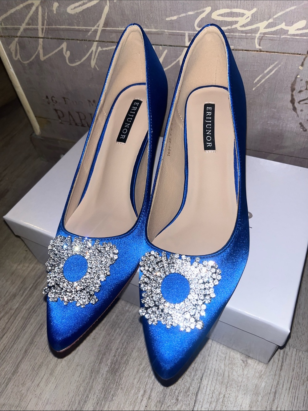 Crystal-Embellished Royal Blue Satin Pointed Pumps - Women's
